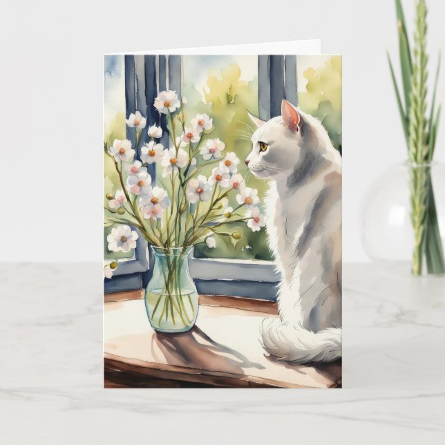 Watercolor Birthday Cat and Daisies Card (Front)
