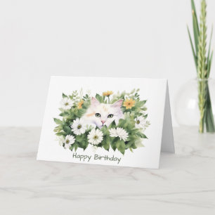 Watercolor Birthday Cat In Daisies Card