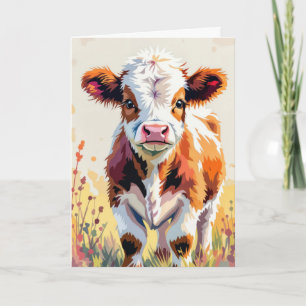 Watercolor Birthday Cow Wearing a Summer Hat Card