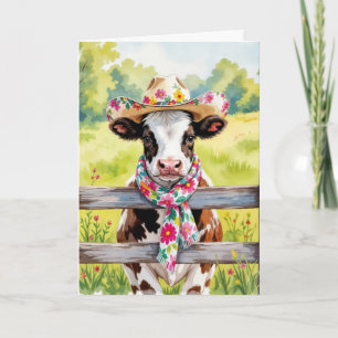 Watercolor Birthday Cow Wearing a Summer Hat Card