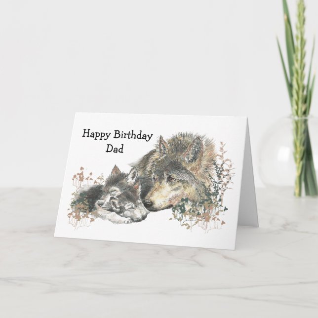 Watercolor Birthday Dad Wolf & Cubs Animal Art Card (Front)