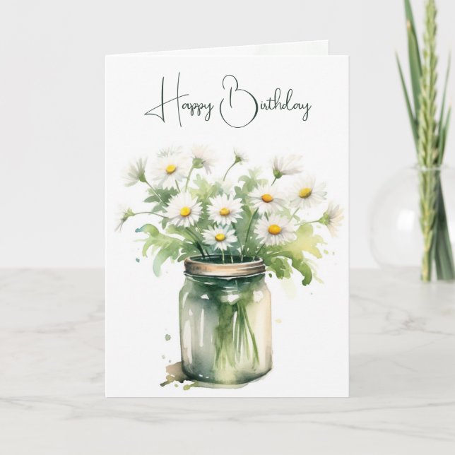 Watercolor Birthday Daisy Bouquet In Jar Card (Front)