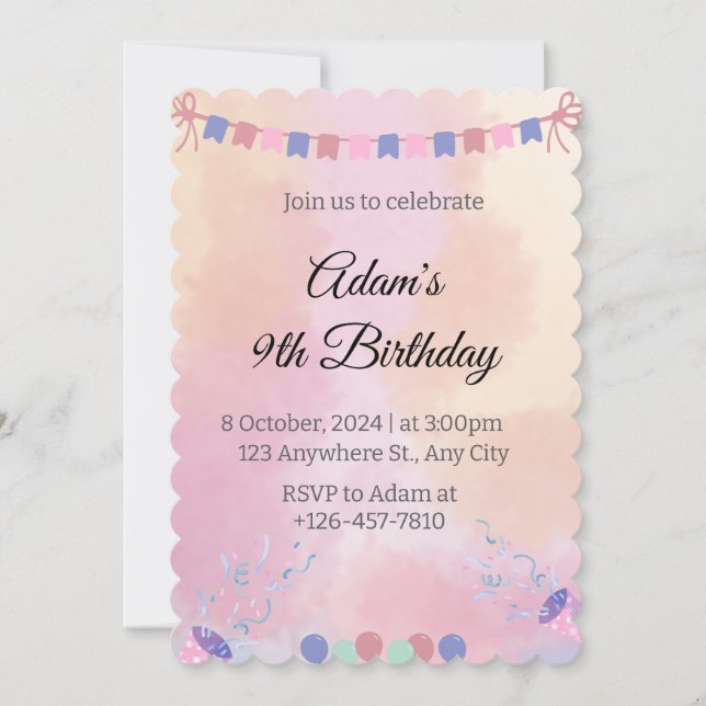 Watercolor Birthday Invitation – Kids Party card (Front)