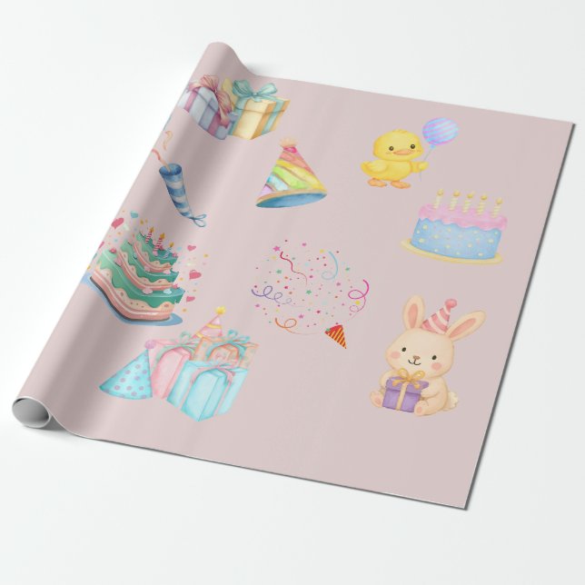 Watercolor Birthday Party Pattern Wrapping Paper  (Unrolled)