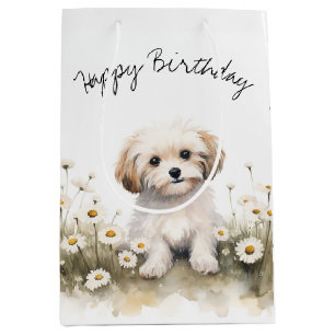 Watercolor Birthday Poodle In Daisies Medium Gift Bag