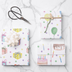 Watercolor Birthday Present Balloons Cake Confetti Wrapping Paper Sheet