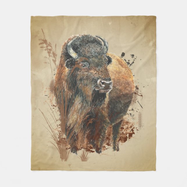 Watercolor Bison Buffalo Animal Wildlife Nature  Fleece Blanket (Front)