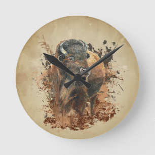 Watercolor Bison Buffalo Animal Wildlife Nature   Round Clock