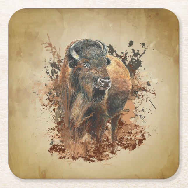 Watercolor Bison Buffalo Animal Wildlife Nature   Square Paper Coaster (Front)