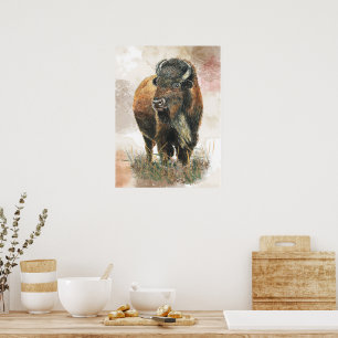 Watercolor Bison Buffalo Cottagecore Rustic Print