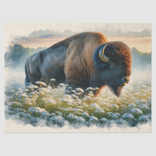 Watercolor Bison White Wildflowers Decoupage Tissue Paper (Front)