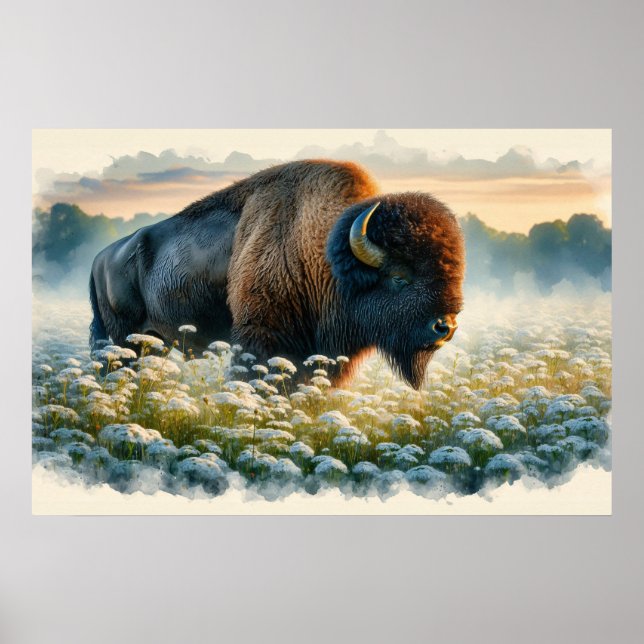 Watercolor Bison White Wildflowers Poster (Front)