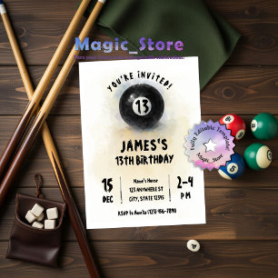 Watercolor Black 8 Ball Billard Party Birthday Invitation