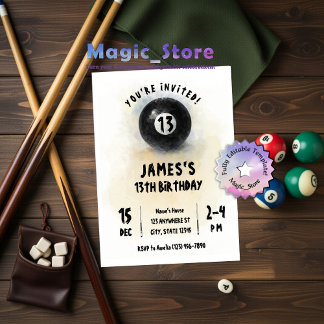 Watercolor Black 8 Ball Billard Party Birthday Invitation