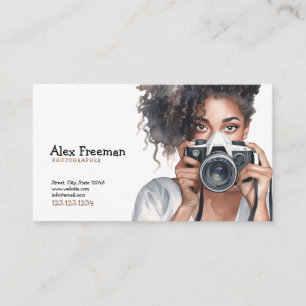 Watercolor Black and Brown Curly Lady Photographer Business Card