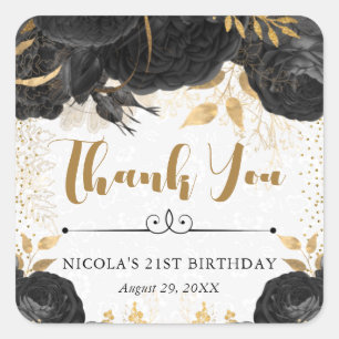 Watercolor Black and Gold Flowers Birthday Square Sticker