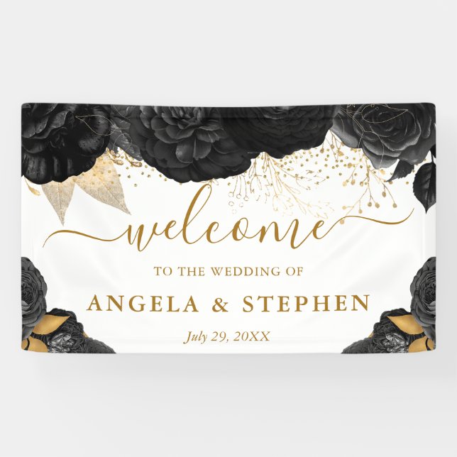 Watercolor Black and Gold Flowers Wedding Banner (Horizontal)