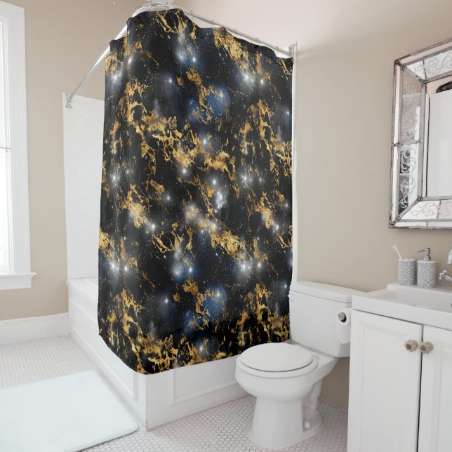 Watercolor Black and Gold Marble Galaxy Shower Curtain (In Situ)