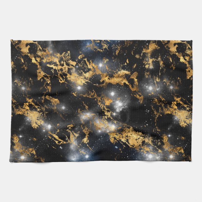 Watercolor Black and Gold Marble Galaxy Tea Towel (Horizontal)
