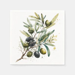 Watercolor black and green olives on a branch napkin