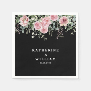 Watercolor black and pink floral wedding  napkin