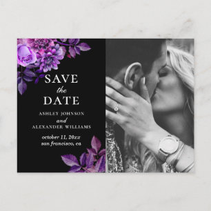 Watercolor black and purple floral Save the Date Postcard