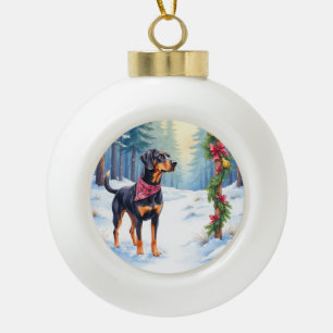 Watercolor Black and Tan Coonhound Forest Trail Ceramic Ball Christmas Ornament