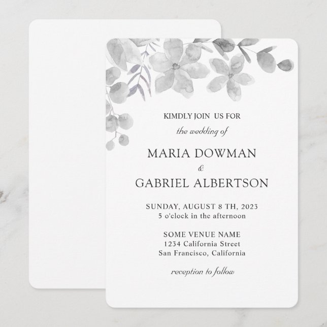 Watercolor black and white botanic Floral wedding  Invitation (Front/Back)