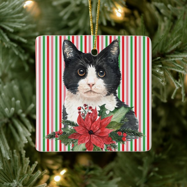 Watercolor Black and White Cat & Poinsettia  Ceramic Ornament (Tree)