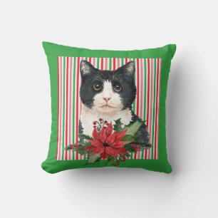 Watercolor Black and White Cat & Poinsettia   Cushion