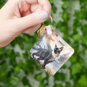 Watercolor Black and White Fluffy Cat in Nature Key Ring