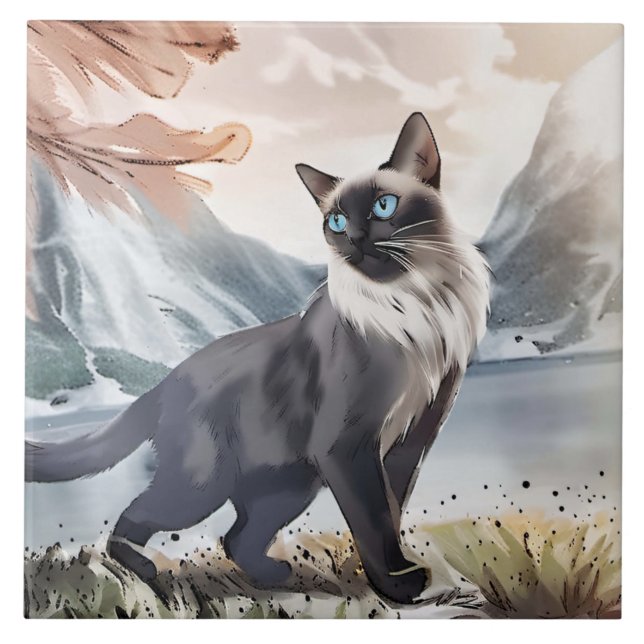 Watercolor Black and White Fluffy Cat in Nature Tile (Front)