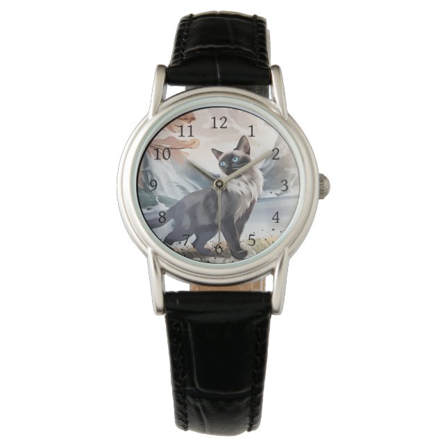 Watercolor Black and White Fluffy Cat in Nature Watch (Front)