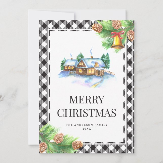 Watercolor Black and White Plaid Christmas Holiday Card (Front)