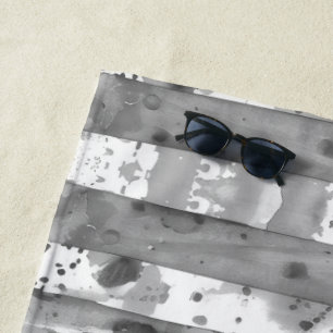 Watercolor Black and White Striped Beach Towel