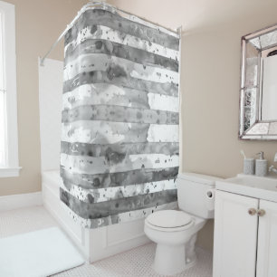 Watercolor Black and White Striped Shower Curtain