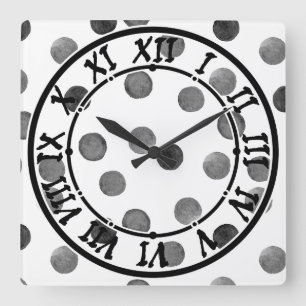 Watercolor black and white with polka dots square wall clock