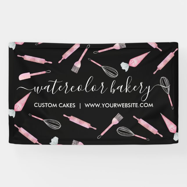 Watercolor Black Bakery Utensils Homemade Chef Banner (Horizontal)