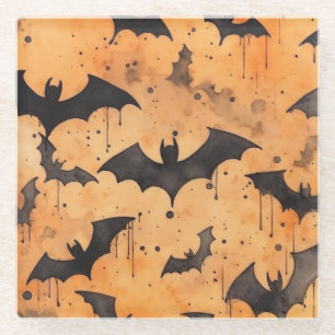 Watercolor Black Bats on Orange Glass Coaster