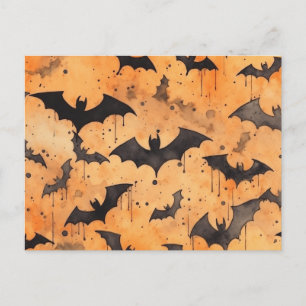 Watercolor Black Bats on Orange Postcard