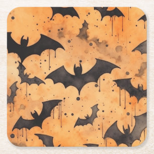 Watercolor Black Bats on Orange Square Paper Coaster