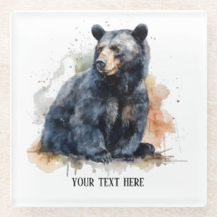Watercolor Black Bear Woodland Art, custom Glass Coaster