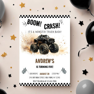Watercolor Black Boom Crash Monster Truck Bash Invitation