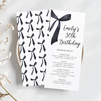 Watercolor Black Bow Birthday Dinner  Menu