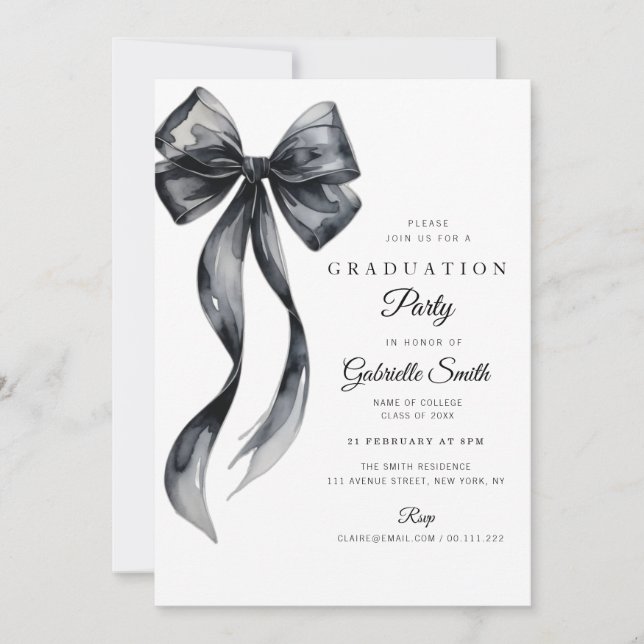 Watercolor black bow modern graduation party invitation (Front)