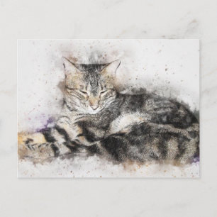 Watercolor Black Brown and White Cat Postcard
