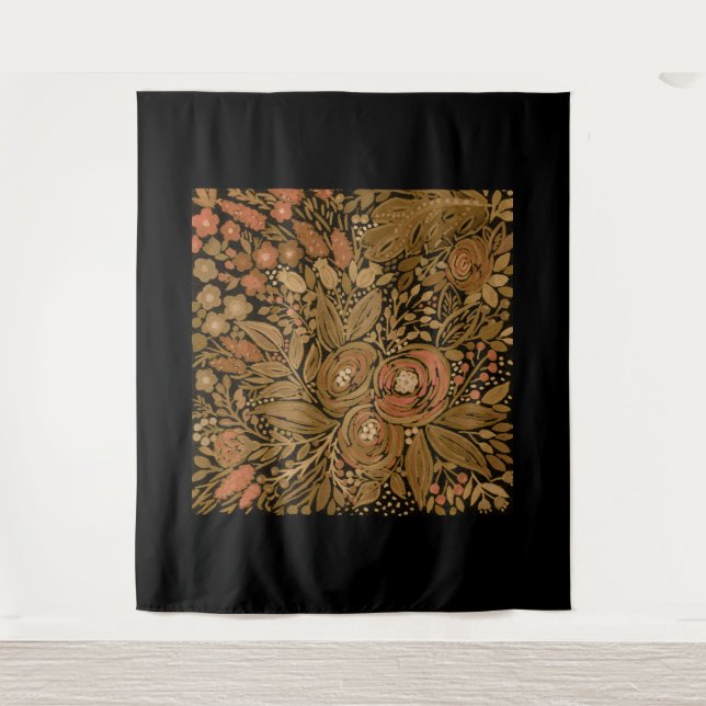 watercolor black brown floral pattern black, brown tapestry (Front)