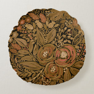 watercolor ,black brown floral, pattern black round cushion