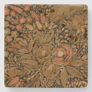 watercolor ,black brown floral, pattern black stone coaster