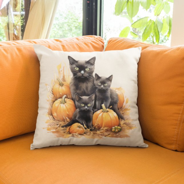 Watercolor Black Cat and Kittens Pumpkin Cushion (Creator Uploaded)